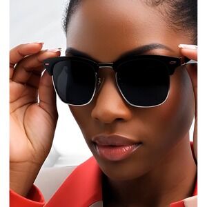 Classic Sunglasses Black Frame Silver Trim Dark Lenses Fashion Eyewear for Women